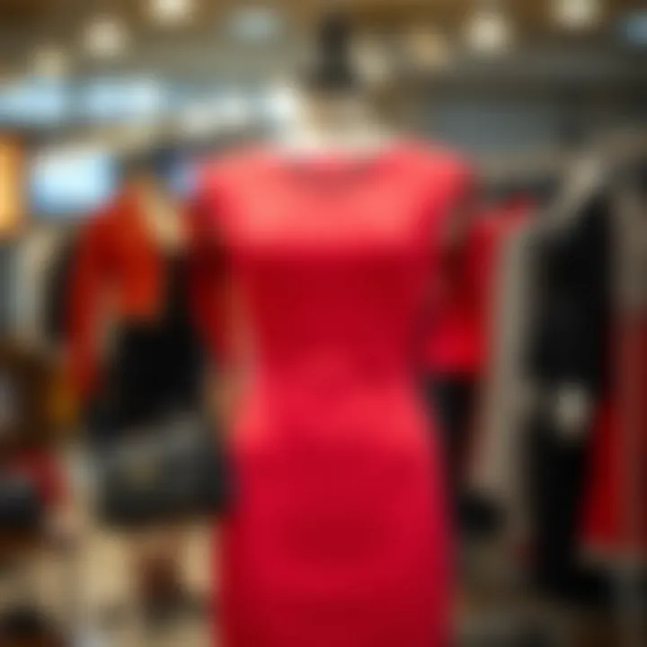 A stylishly accessorized solid color dress on a mannequin