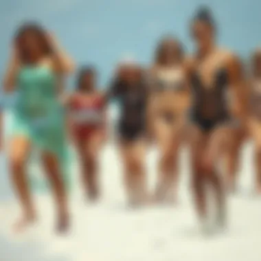 Playful beach scene with individuals wearing various styles of fishnet coverups