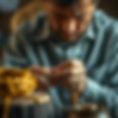 An artisan carefully working on a beeswax bracelet, highlighting the craftsmanship involved.