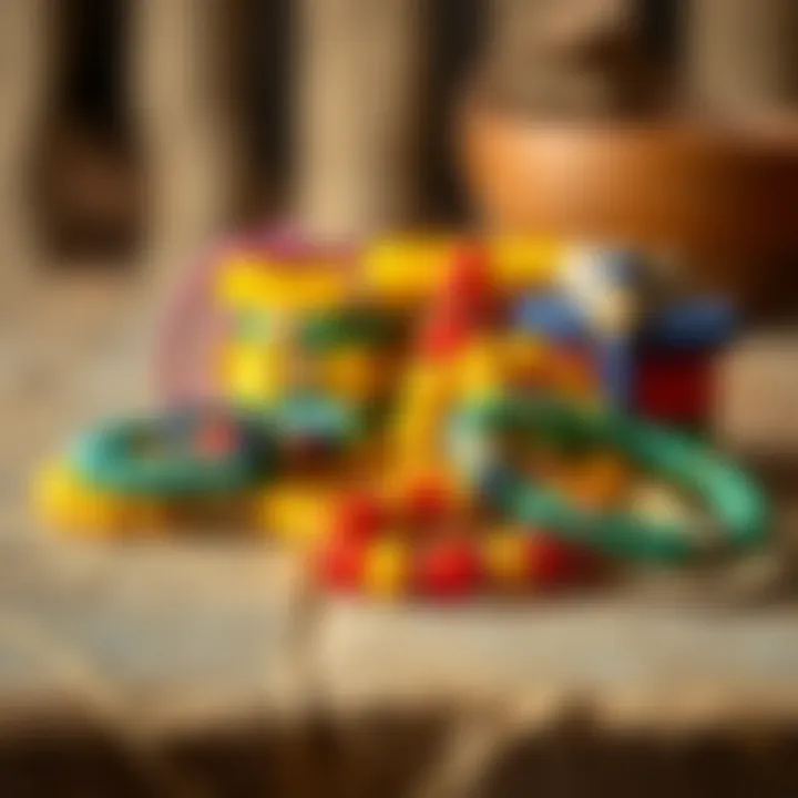 A collection of colorful beeswax bracelets displayed on a natural wooden surface.