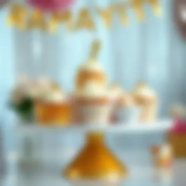 Creative Cupcake Arrangement on a White and Gold Stand for a Birthday Celebration Creative arrangement of cupcakes on a white and gold stand at a birthday party