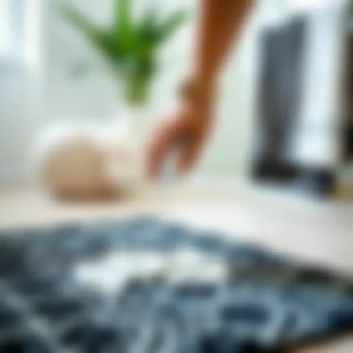 Maintenance of a black patterned bath mat being cleaned