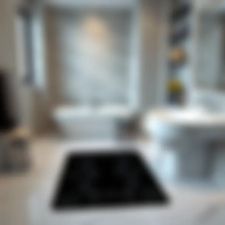 A stylish bathroom featuring a black patterned bath mat