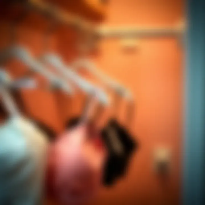 A pristine closet featuring organized bras on hangers with labels