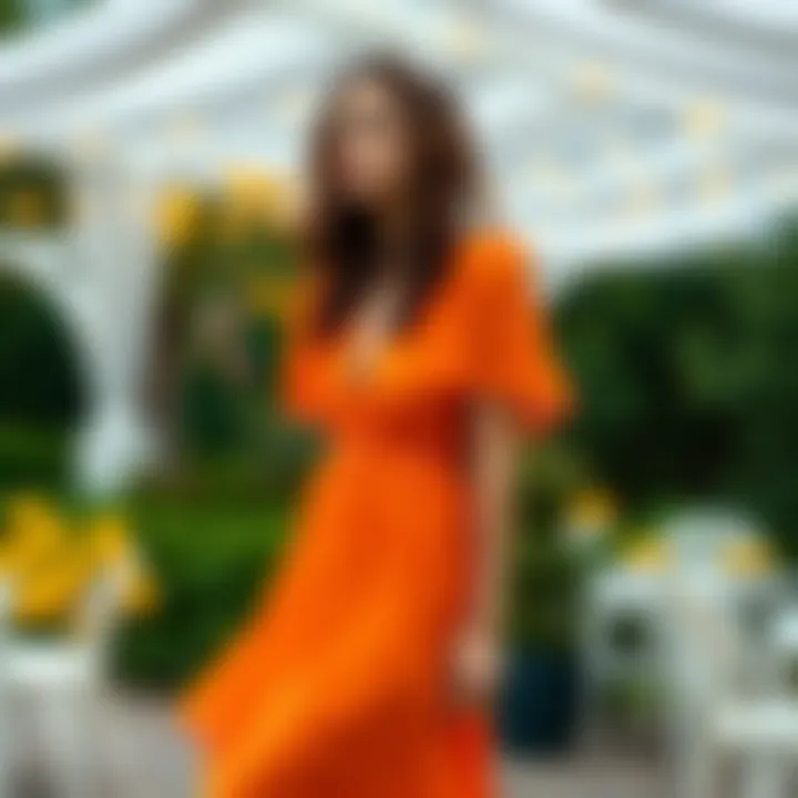 Model showcasing burnt orange chiffon dress at a garden party