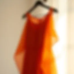 Elegant burnt orange chiffon dress hanging on a vintage hanger