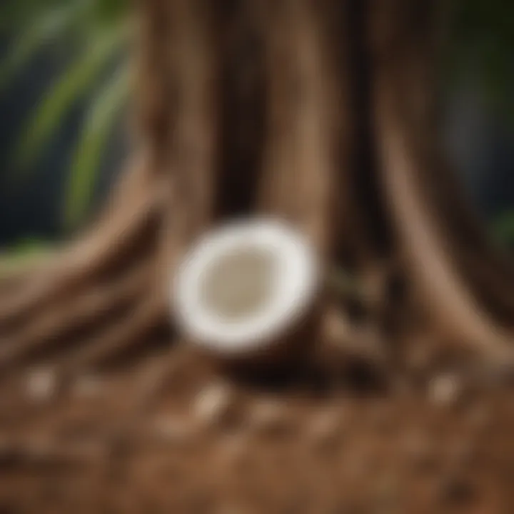 Close-up of coconut husk texture and plant roots thriving within