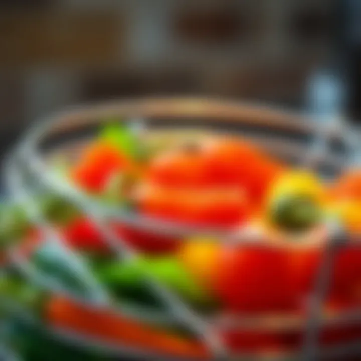 Close-up of a stainless steel steamer rack with vibrant vegetables