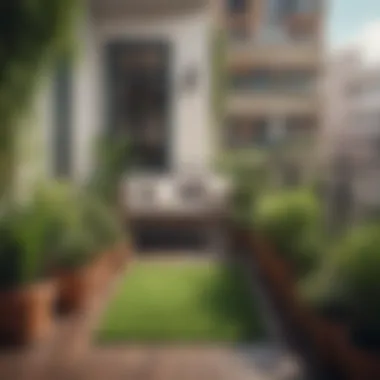 A balcony garden featuring grass mats and potted plants