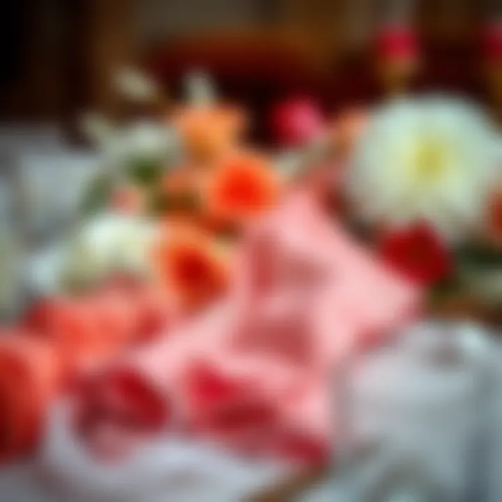 Coral napkins arranged artistically among floral decorations