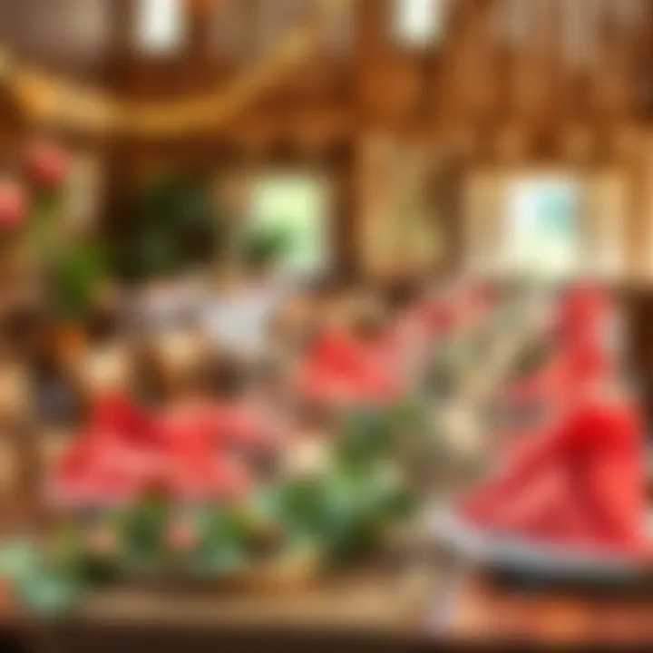 A rustic wedding setup featuring coral napkins on wooden tables