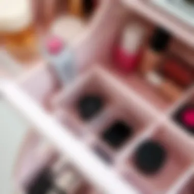 Interior view of a dust proof makeup organizer displaying functional compartments