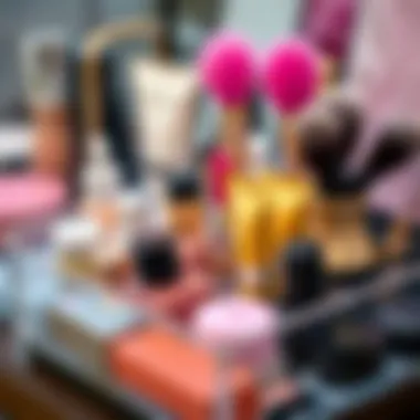 Close-up of a dust proof makeup organizer with neatly arranged cosmetics