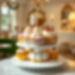 Elegant white and gold cupcake stand showcasing assorted cupcakes