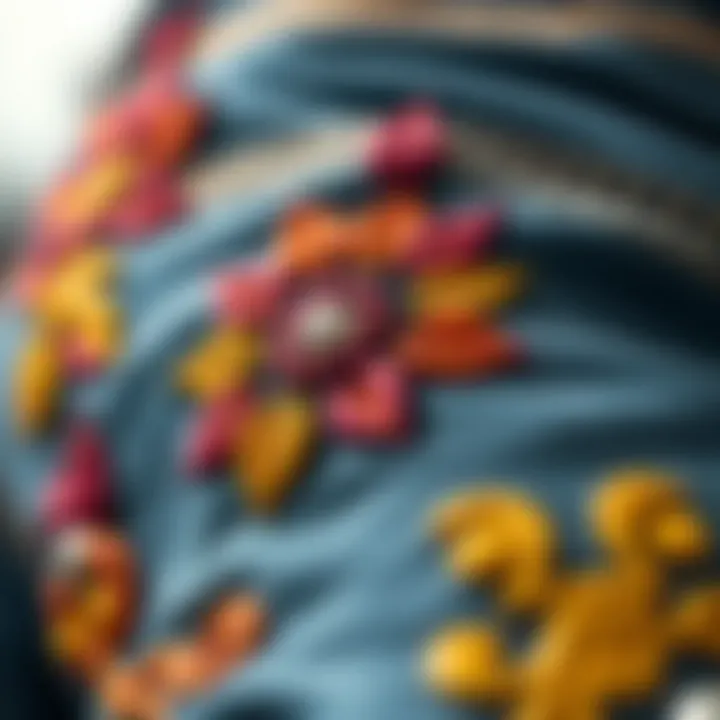 Close-up of a colorful embroidery motif on jeans