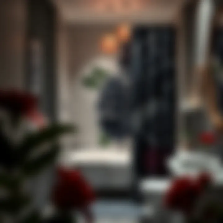 Stylish bathroom featuring coordinated decor with black rose shower curtain