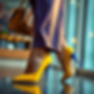 Fashionable outfit complemented by blue and yellow heels