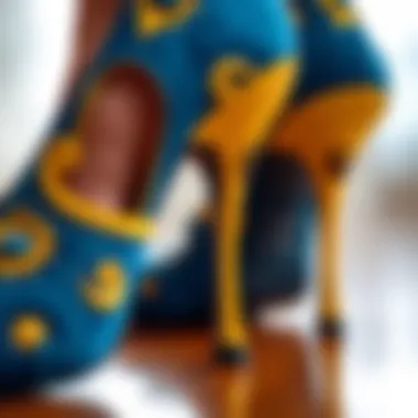 Close-up of the intricate design of blue and yellow heels