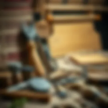 Craftsmanship Tools for Bar Tapestry Artist's tools and materials used in creating bar tapestries, arranged aesthetically