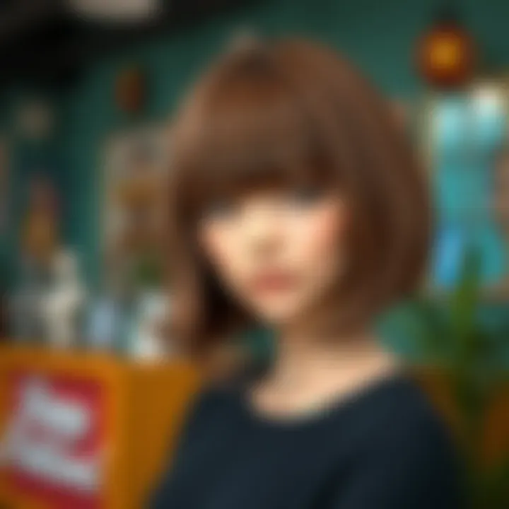 Stylish brown bob wig with bangs showcased in a vibrant setting