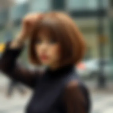 A model styling a brown bob wig with bangs, demonstrating versatility