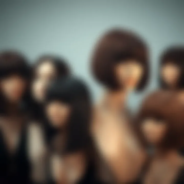 Different shades of brown bob wigs with bangs arranged aesthetically