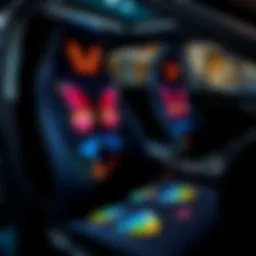 Elegant butterfly design on car seat cover showcasing vibrant colors