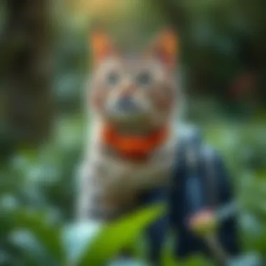 An elegant cat backpack capsule in a natural setting