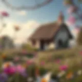 A serene landscape depicting a quaint cottage surrounded by wildflowers