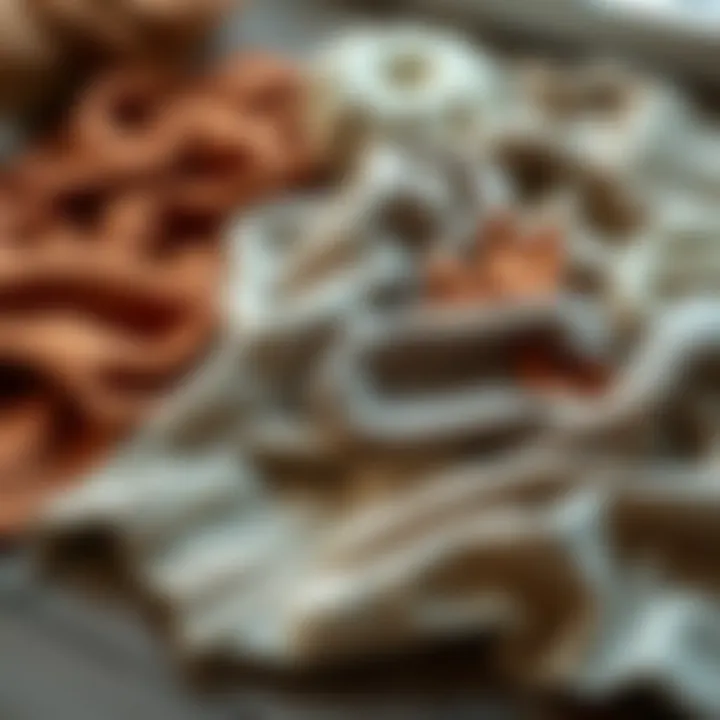 An array of cozy knitwear and soft fabrics laid out on a rustic wooden surface