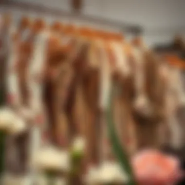 A collection of delicate floral-patterned dresses hanging on a vintage rack