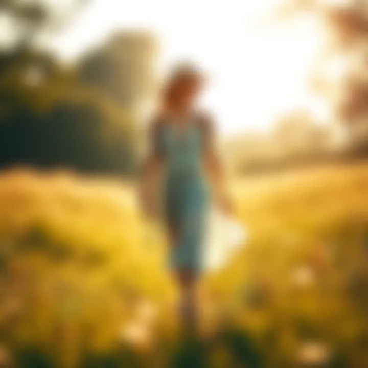 A young individual strolling through a sunlit meadow wearing flowing, nature-inspired attire