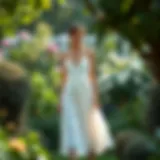 Elegant midi dress with delicate spaghetti straps in a garden setting