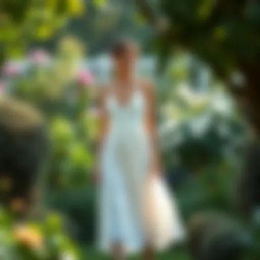 Elegant midi dress with delicate spaghetti straps in a garden setting