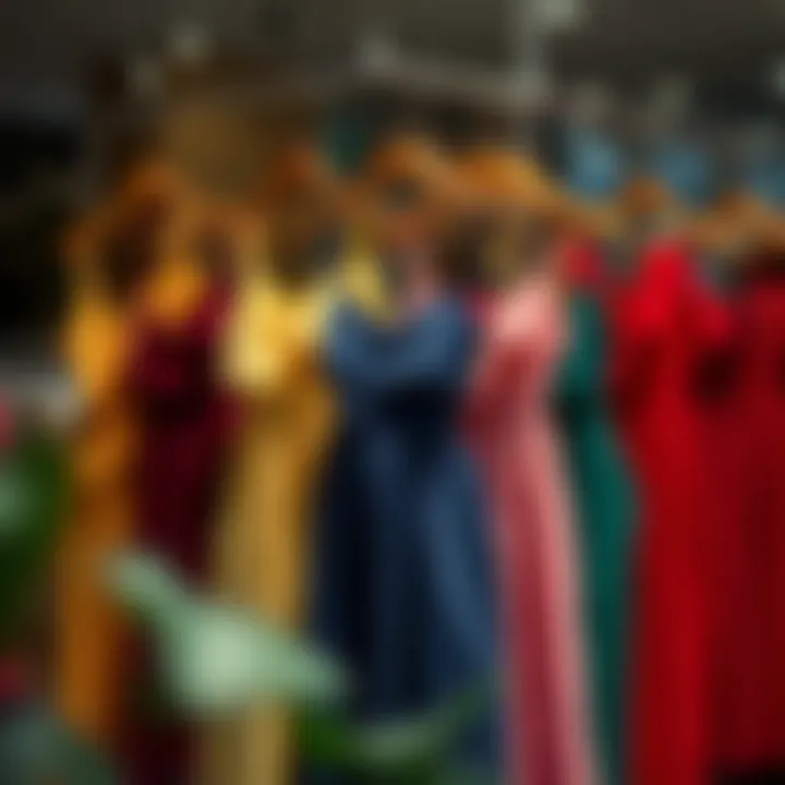 Seasonal fashion display of midi dresses in various colors