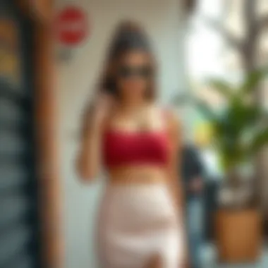 Model styling the bralette top with accessories for a trendy look