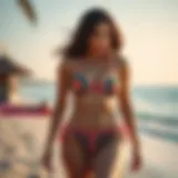 Vibrant festival bikini set displayed on a beach