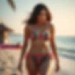 Vibrant festival bikini set displayed on a beach