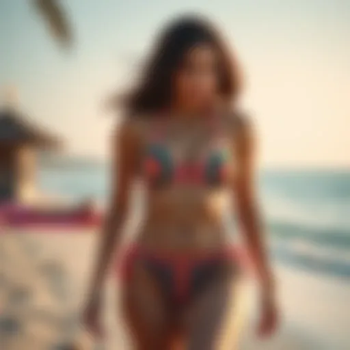 Vibrant festival bikini set displayed on a beach