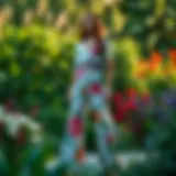 Floral Elegance in Nature Elegant floral print wide leg pants showcased in a lush garden setting