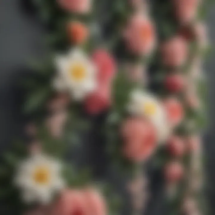 Close-up of various materials used in flower garland decor