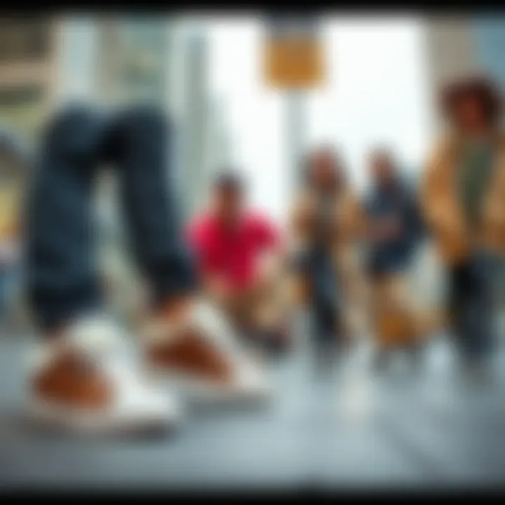 Diverse individuals wearing fur lined tennis shoes in a city setting