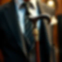 Elegant cane displayed against a backdrop of tailored attire