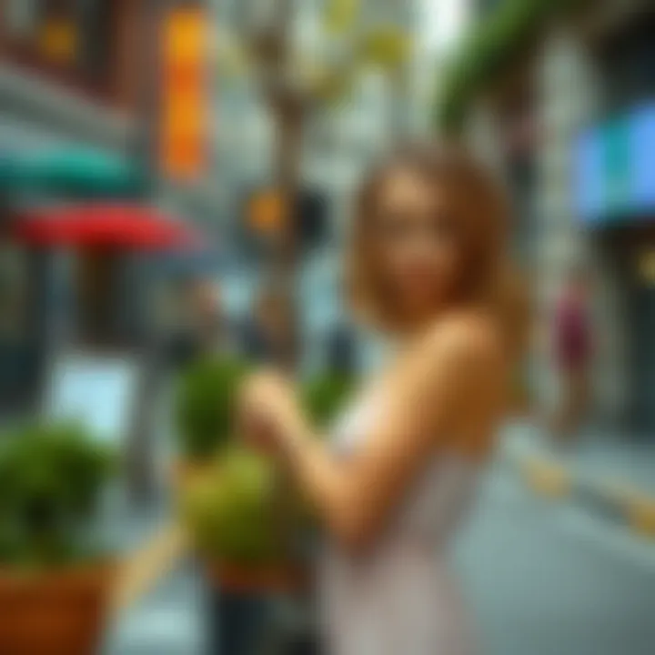 Fashionable model accessorizing a midi dress with spaghetti straps in a chic urban environment