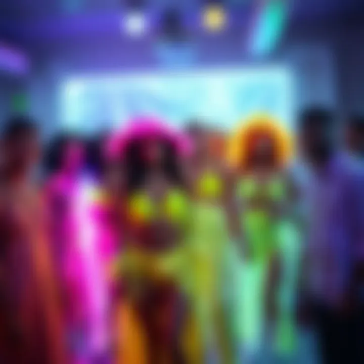 A group of individuals showcasing different neon styles at a party.