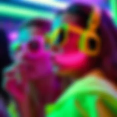 Close-up of neon accessories that complement party attire.