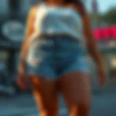 A model showcasing the fit of plus size destructed shorts