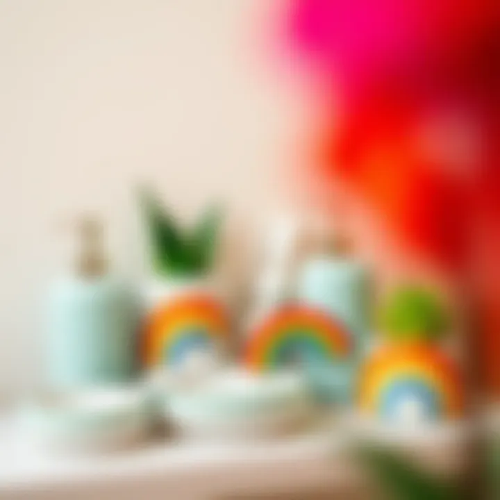 Rainbow-Themed Bathroom Accessory Collection Beautifully arranged rainbow-themed bathroom accessories on a shelf