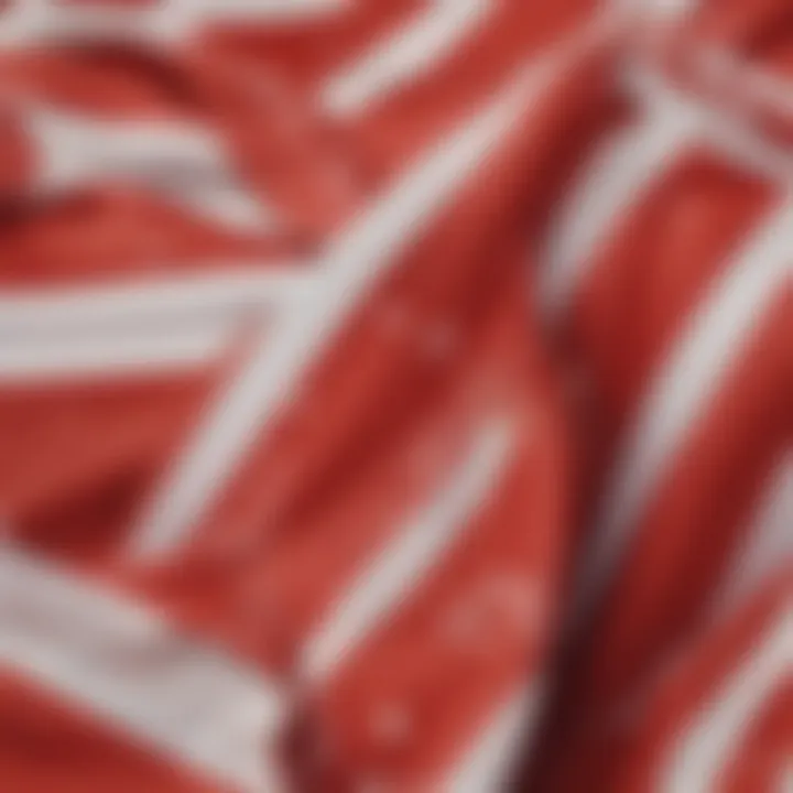 Close-up of the fabric patterns on a red and white bathing suit