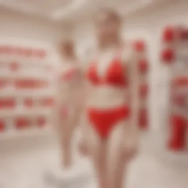 Eco-friendly red and white bathing suits on display in a sustainable fashion store